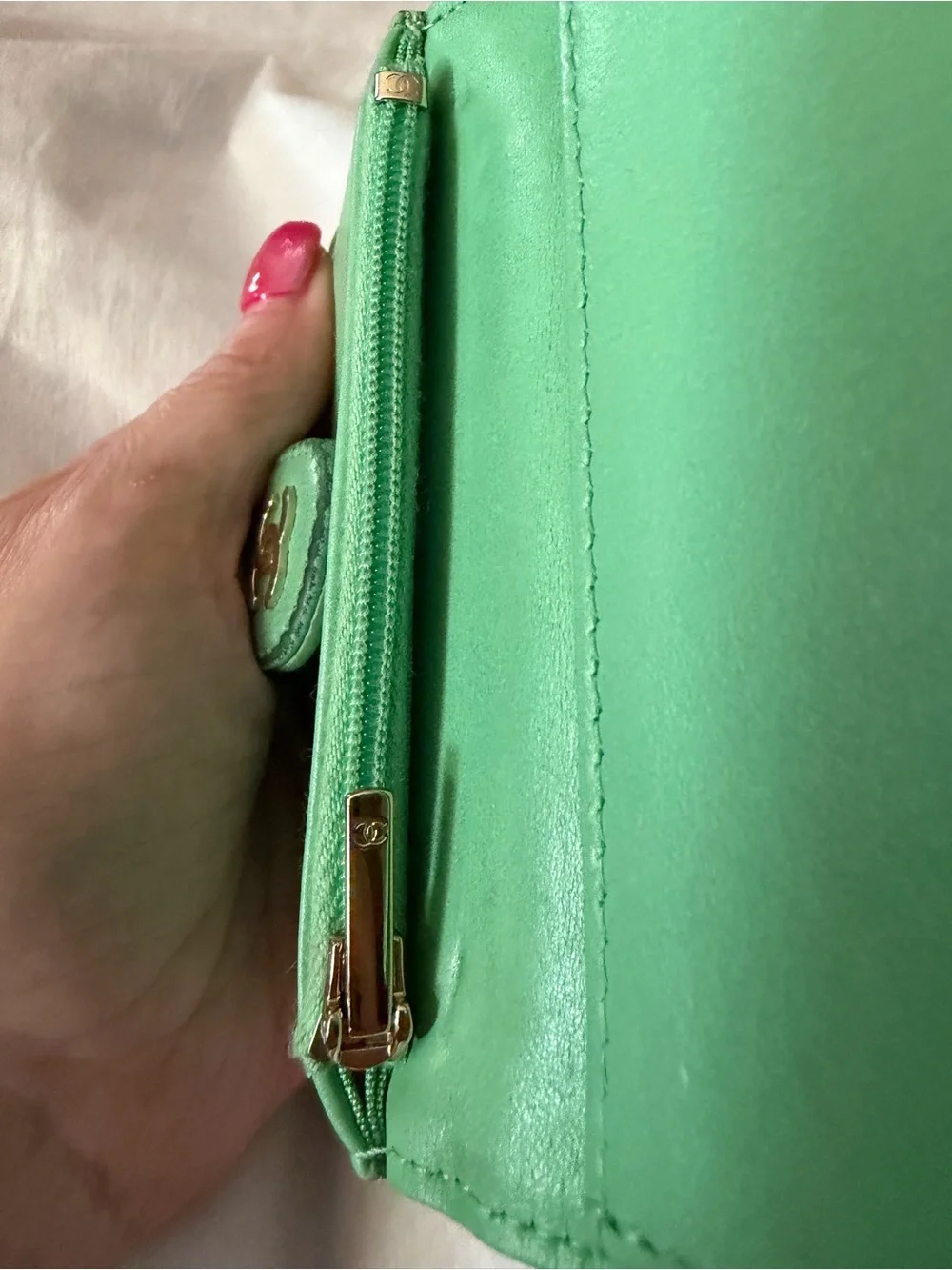 CHANEL Green Caviar Leather Compact Quilted Wallet, Gold CC Logo-FULL INCLUSION!